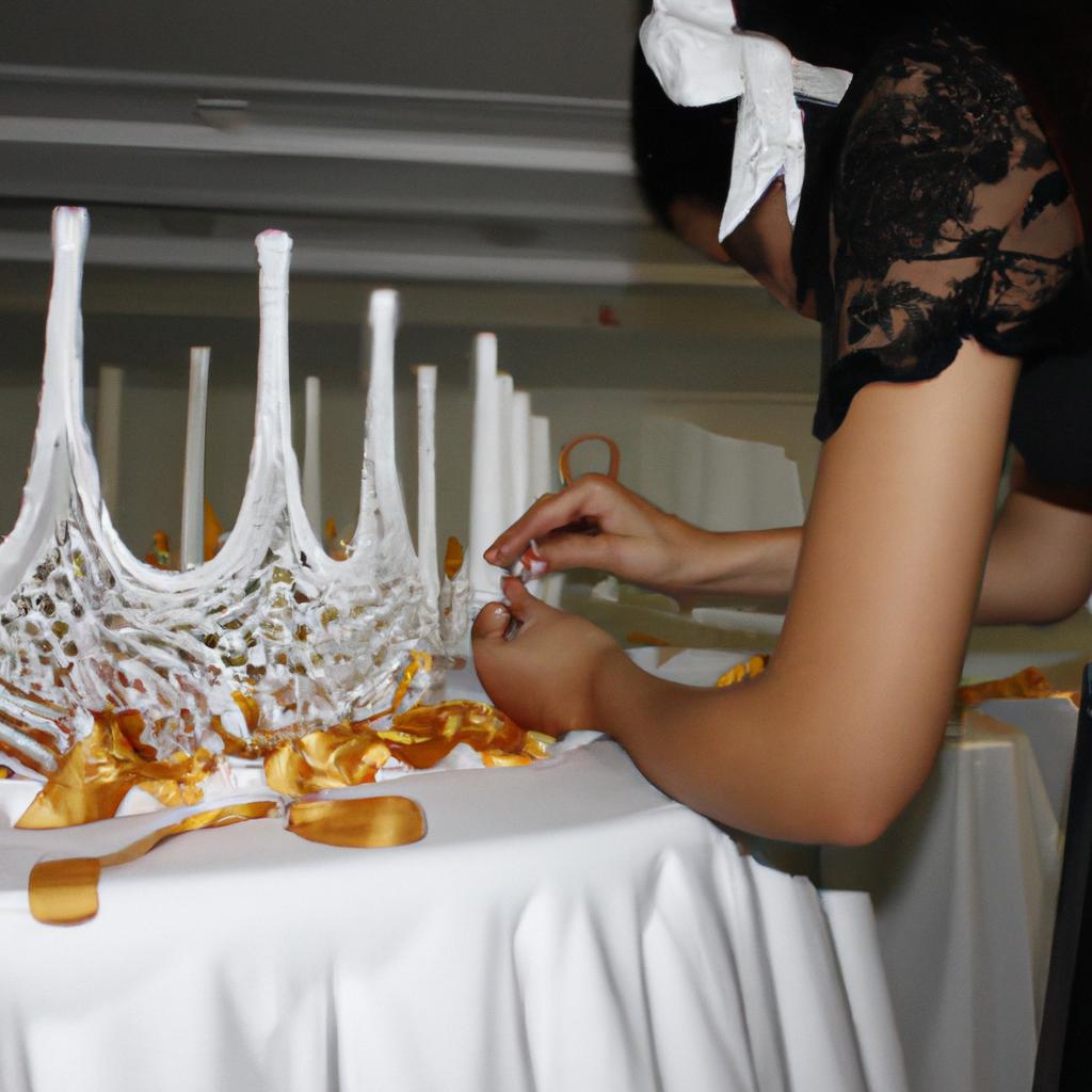 Person arranging elegant banquet decorations