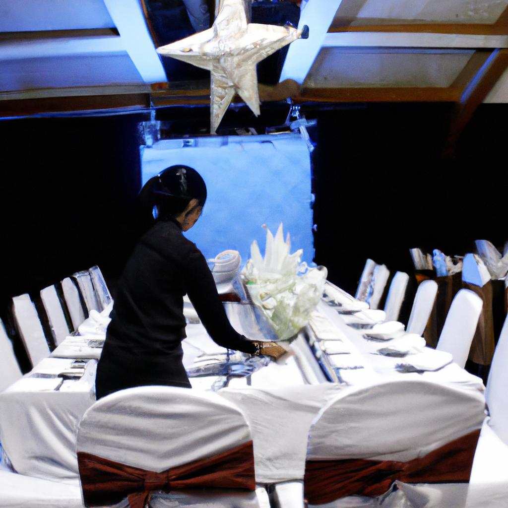 Person arranging banquet room setup