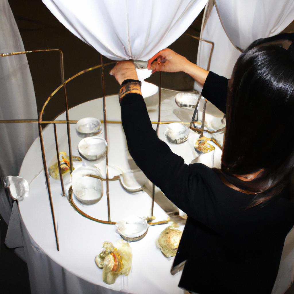 Person arranging banquet decorations elegantly