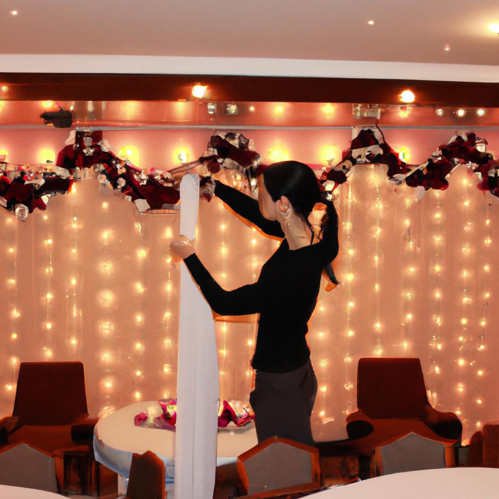 Person arranging banquet decorations with lights