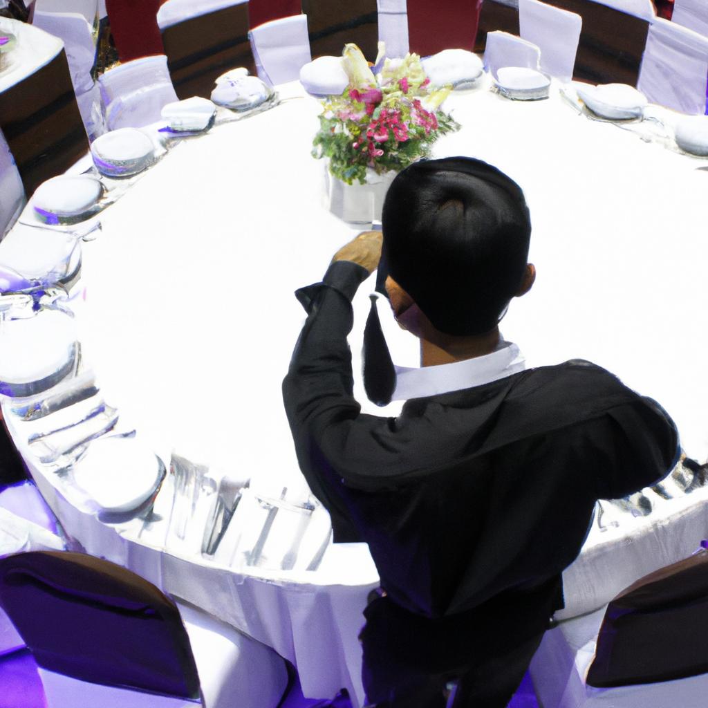 Person arranging banquet room setup